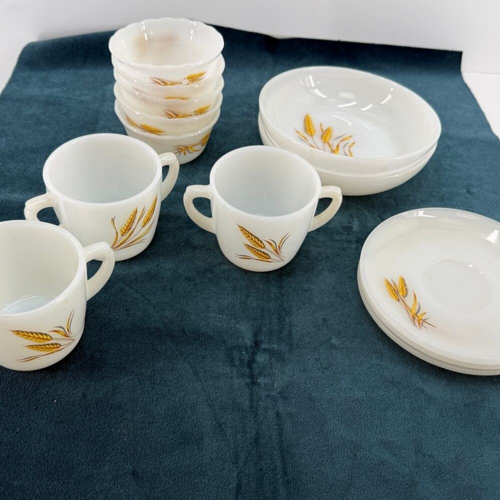 Fire King Ware Golden Wheat Dinnerware Vintage Milk Glass Mixed Lot 13 Pieces